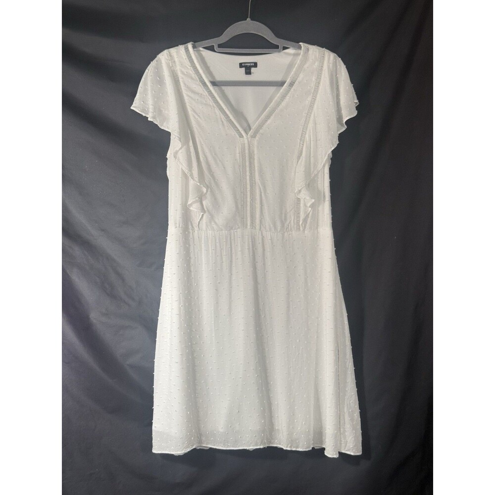 Express White Fit & Flare Dress V-Neck Flutter Sleeve Short Ruffle Sz L